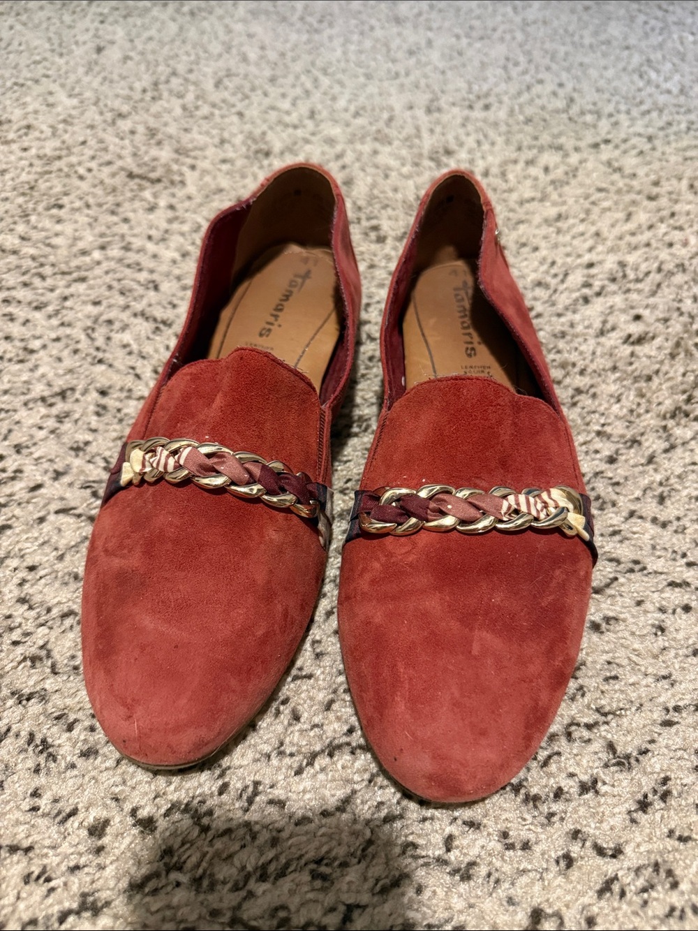 Tamaris Women's Suede Loafers in Rust with Chain Accent